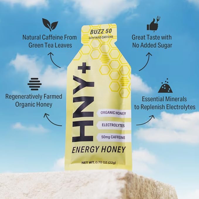 HNY+ Buzz Organic Honey Energy Gel with Electrolytes Magnesium Sea Salt Potassium &amp Green Tea Caffeine Gluten Free &amp Vegan Workout Gels for Gym Running &amp Hiking 50mg Caffeine 12 P