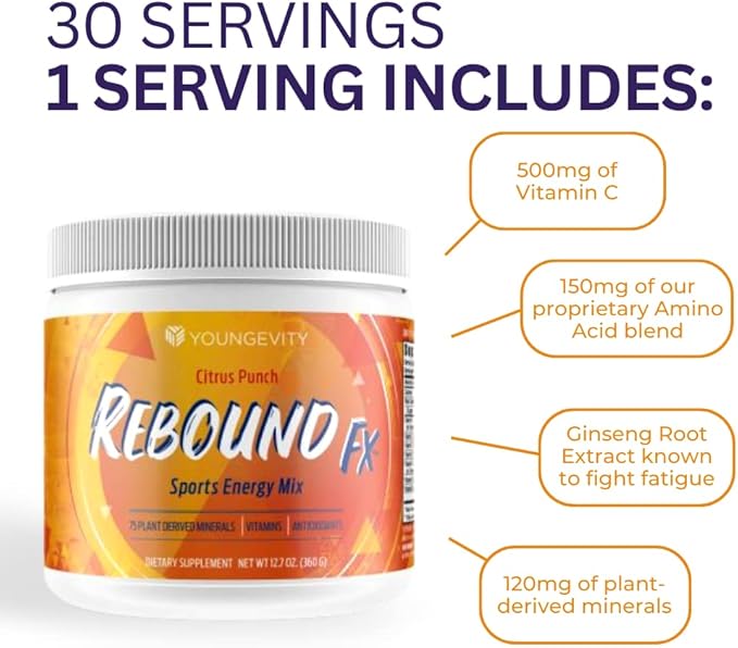Youngevity Rebound Fx Citrus Powder 360g – Supplement for Energy Enriched with Vitamins Minerals and Antioxidants – Immune System Booster Powder - Energy Vitamins Drink Mix for Women &amp Men (2 P