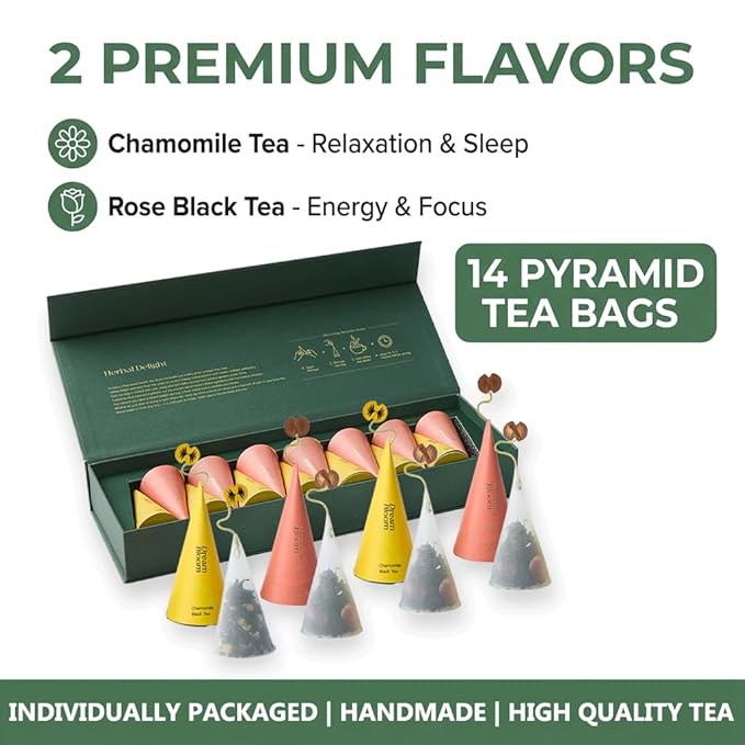 Herbal Delight Premium Herbal Tea Gift Set of 14 with 2 Flavors 2 Individually Wrapped Handmade Pyramid Tea Bags for Each Variety chamomile tea Rose Black Tea
