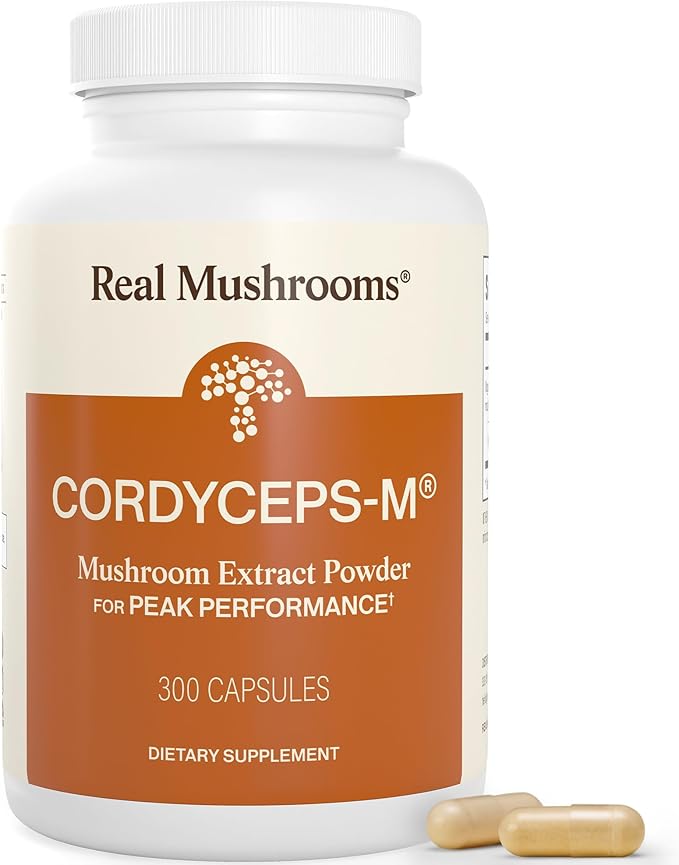 Real Mushrooms Capsules Supplements - Organic Cordyceps Mushroom Powder in Capsules - Energy and Performance Mushrooms with Verified Beta Glucans - Vegan Non-GMO 300 Capsules
