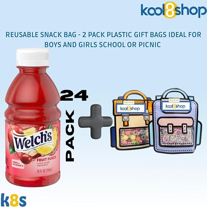 Welch’s Fruit Punch Juice Drink 10 fl oz Plastic Bottle 24 Pack + 2 Reusable Snack Bags by KOOL8SHOP Infinite Deals