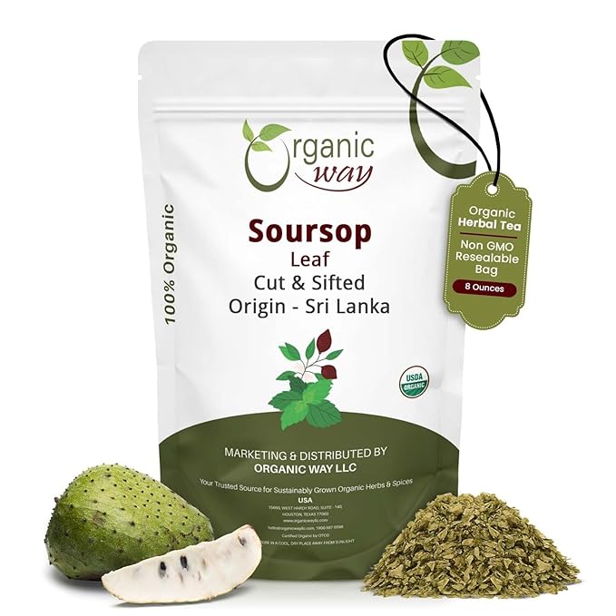 Organic Way Dried Soursop Leaf Coarse Cut (Annona Muricata) - Herbal Tea | Vegan Non GMO &amp Gluten Free | Kosher Certified | Resealable Bag | 100% Raw from Sri Lanka (8 Ounces)