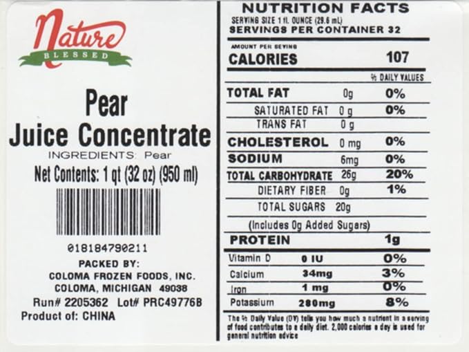 Nature Blessed 100% Pure Pear Fruit Juice Concentrate - 2 Quarts (2/32 fl oz bottles) Applications: Home Wine Making Brewing Distilling Mead Hard Cider Smoothies
