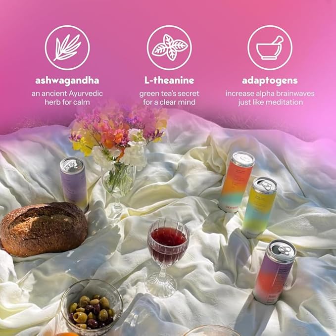 Moment Mocktails Non Alcoholic Drinks (Shark Tank) | SPARKLING Plum Spritz Adaptogen Drink | L-Theanine &amp Ashwagandha for Calm &amp Clarity | 0 Added Sugar 0 Caffeine | 24-pack