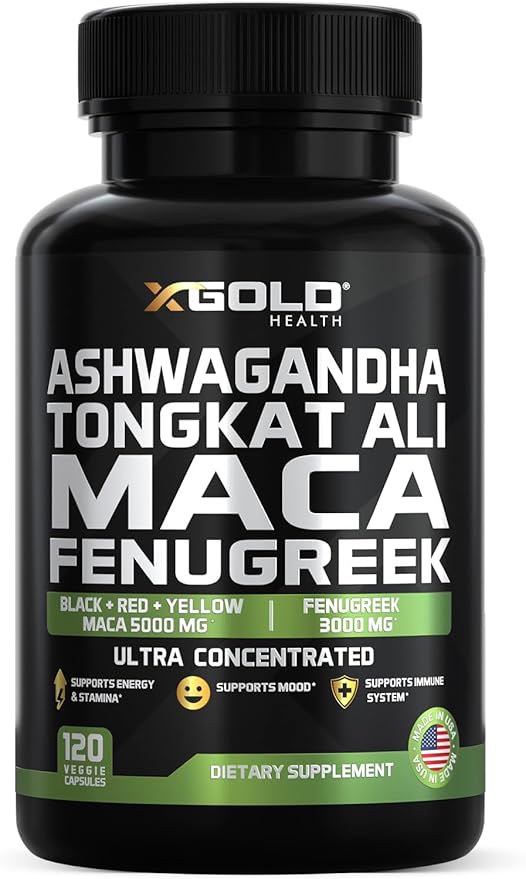 Ashwagandha 5000mg + Tongkat Ali 1000mg + Maca Root 5000mg + Fenugreek 3000mg Supplement | Black + Red + Yellow Maca Root Extract &amp Fenugreek Herbal Supplements for Men &amp Women - Made in USA