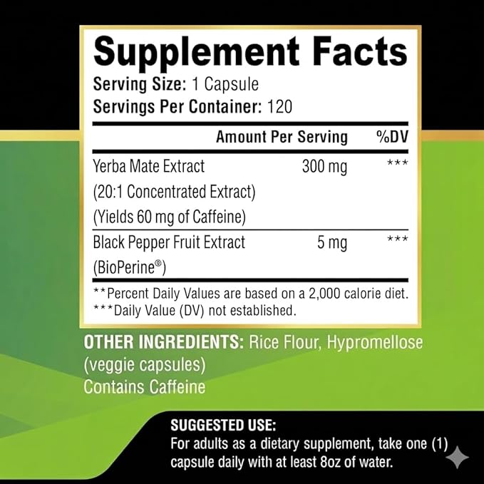 Extra Strength Yerba Mate High Potency 60mg Caffeine Per Capsule Extract Pills Supplements for Clean Natural Energy Improved Focus Concentration Nootropics Made in USA - 120 Caps