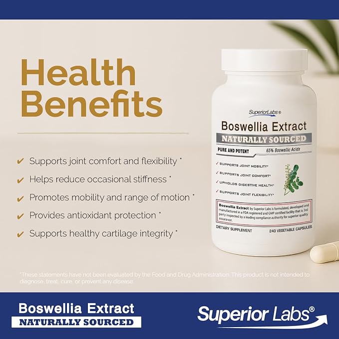 Superior Labs Boswellia Serrata Extract 500mg – 65% Boswellic Acids Pure Non-GMO Zero Fillers Indian Frankincense Supports Healthy Inflammatory Response &amp Joint Comfort – 240 Veg Caps