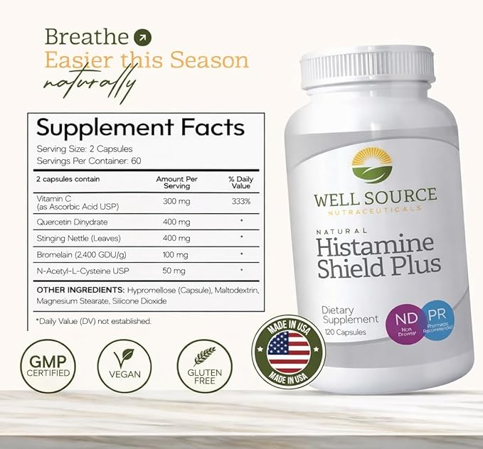 Histamine Shield Plus™ Natural Antihistamine Supplement for Adults Sinus &amp Allergy Relief for Pollen Pet Dander Dust Mold and Odors Quercetin with Bromelain &amp Stinging Nettle 120 Capsule