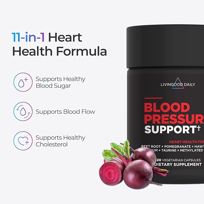 Livingood Daily Blood Pressure Support Heart Health Supplement for Men &amp Women with Beet Root Pomegranate Hawthorn Magnesium &amp Taurine Cardiovascular Support Formula Vegan 120 Capsules