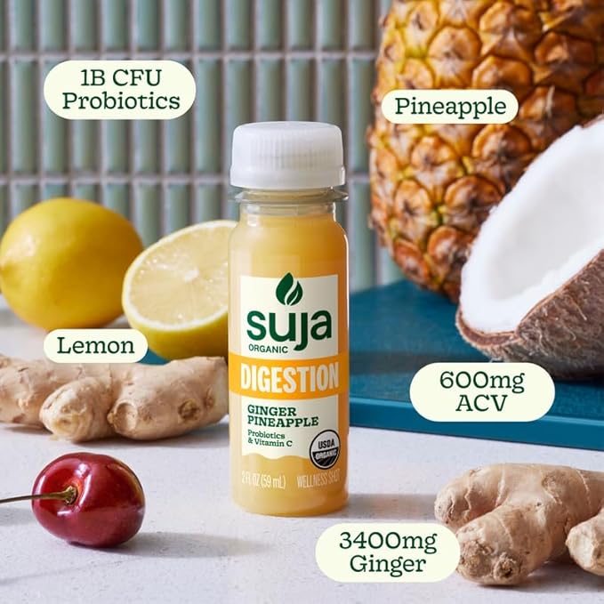 Suja Organic Digestion Shot (30 Pack) with Ginger and Apple Cider Vinegar | Immunity Boost &amp Digestive Support | Functional Shots | Cold-Pressed Juice with Live Probiotics | Plant-Based &amp Glut