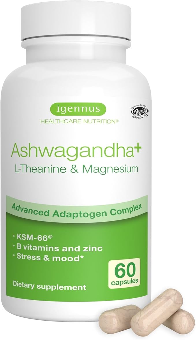 Igennus High Strength Ashwagandha Magnesium &amp L-Theanine Stress Relief Complex KSM-66 Root Extract Adaptogens Boosted with Methylfolate Zinc &amp Biotin Clean Label 60 Fast Acting Capsules
