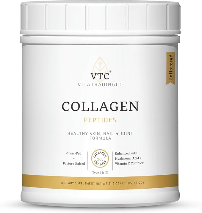 VTC VitaTradingCo. Grass-Fed Collagen Peptides Powder | Type I &amp III | Hyaluronic Acid &amp Vitamin C | Healthy Hair Skin &amp Joints | Non-GMO Paleo Keto | 30 Servings (Unflavored)