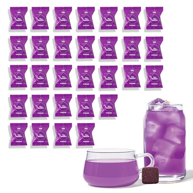 Tea Drops 30 Bulk Pack Organic Ube Bagless Tea - Loose Leaf Lightly Sweetened On-The-Go. Plastic-Free - Iced or Hot