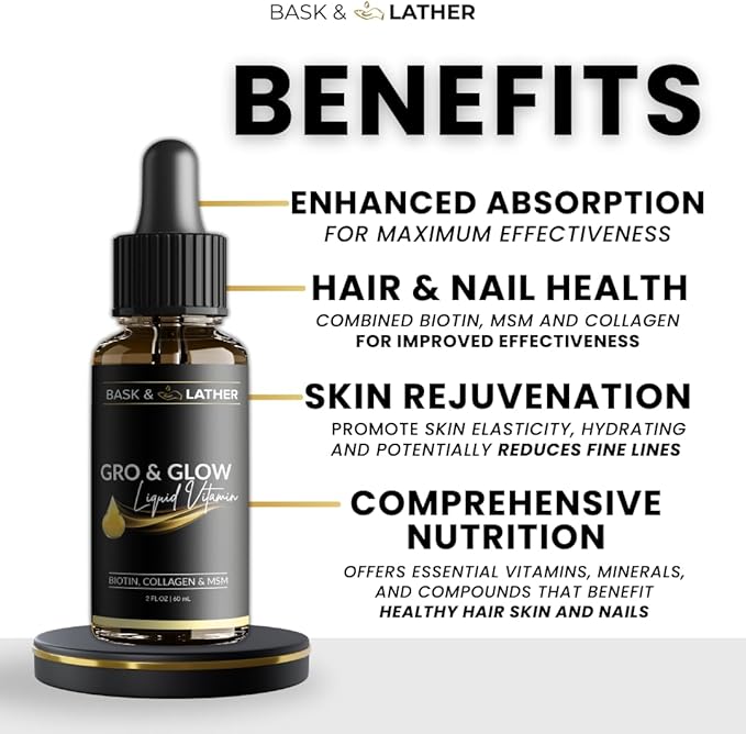 BASK &amp LATHER GRO &amp Glow Liquid Vitamin Liquid Collagen for Women Natural Ingredients with Collagen Biotin Msm Beauty Supplement Helps Support Healthy Hair Skin &amp Nails Cherry Flav