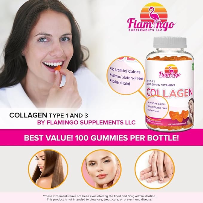 Collagen Gummies- Natural Marine Collagen for Women and Men- Collagen Supplements for Skin Hair Nails- Hydrolyzed Type 2 &amp 1 3- Replace Pills and Powders - No Gelatin Kosher Halal- 100 Ct.