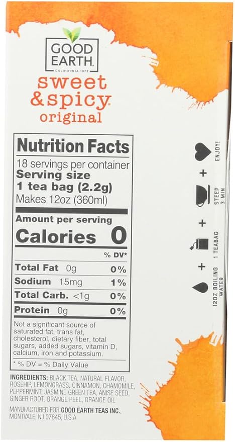 Good Earth Sweet &amp Spicy Herbal &amp Black Tea 18 Count Tea Bags (Pack of 6)