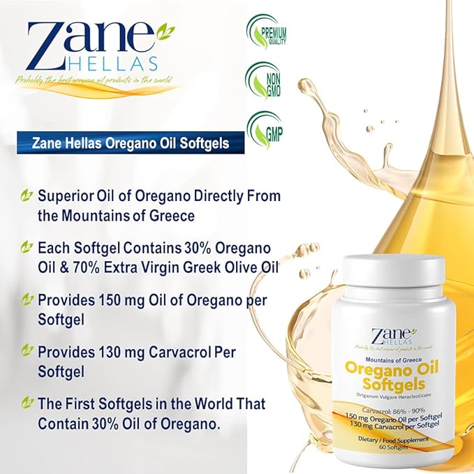 Zane Hellas 130 mg Carvacrol - 150 mg Oregano Oil per Softgel. World Highest Concentration Oregano Oil Capsule. Softgel Contains 30% Greek Essential Oil of Oregano. 60 Softgels.