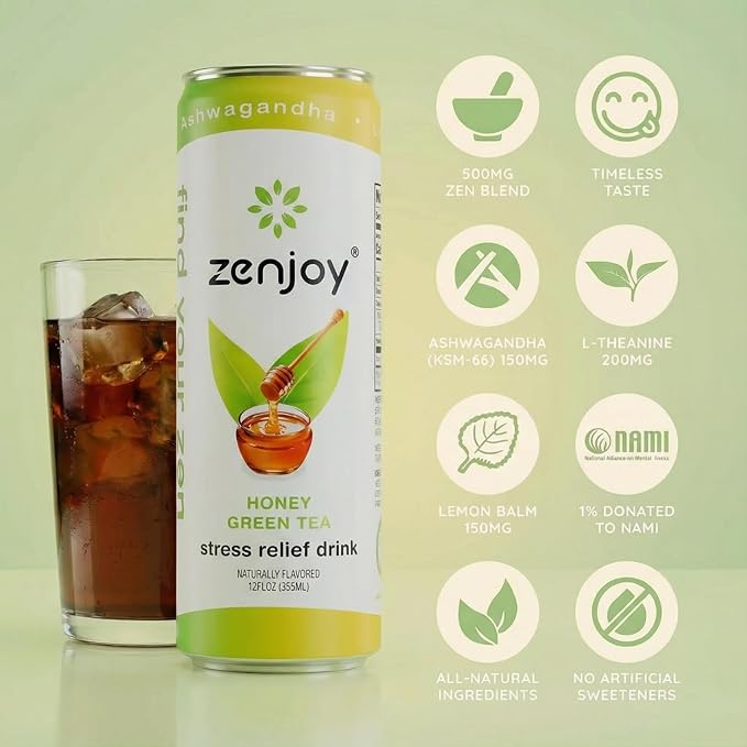 Stress Relief Drink Calming Green Tea Non Alcoholic Ashwagandha &amp Lemon Balm for Stress Relief L - Theanine for Focus (12 Pack) (Honey)