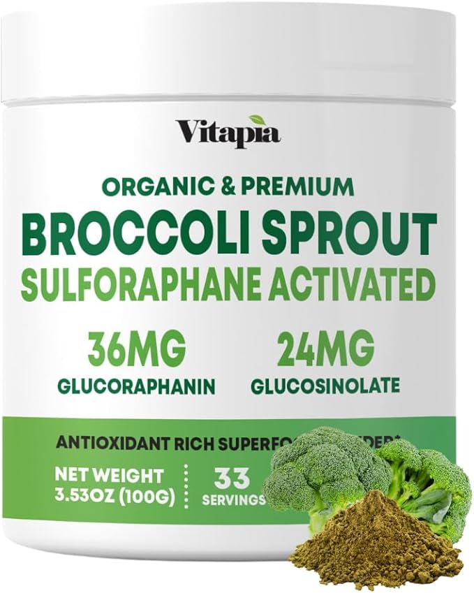 Vitapia Organic Broccoli Sprout Powder for Sulforaphane Antioxidant Brain Skin Heart Health Support - 100g Powder Supplement &amp 33 Day Supply - Non-GMO Gluten-Free Vegan-Friendly
