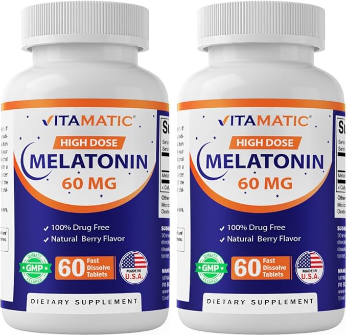 Vitamatic Melatonin 60 mg Fast Dissolve Tablets - 60 Vegan Natural Berry Flavor Tablets - Non-Habit Forming - Non-GMO Gluten Free (2 Bottles)