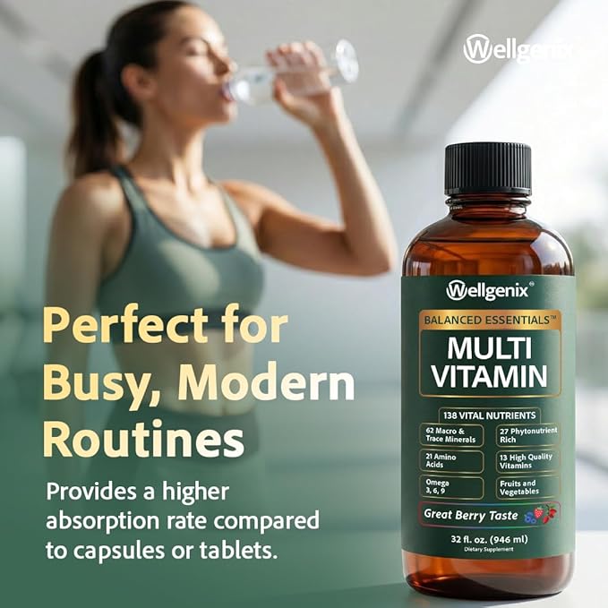 Wellgenix Balanced Essentials Liquid Multivitamin Dietary Supplement with Vitamins and Minerals – Berry Flavor – 32 fl oz