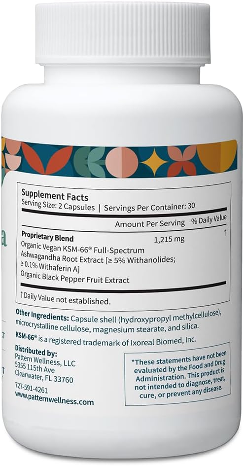 Pattern Wellness Ashwagandha Complex for Men &amp Women – Organic KSM-66® &amp Black Pepper Extract – Supports Stress Response &amp Energy Balance – Non-GMO – 180 Vegan Capsules