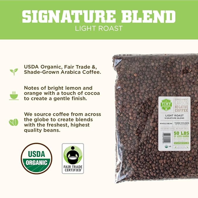 Tiny Footprint Coffee Organic Signature Blend Light Roast - Whole Bean Coffee USDA Organic &amp Carbon Negative - You Drink Coffee We Plant Trees 3 Pounds