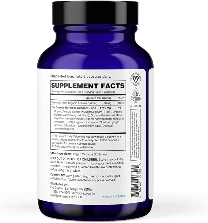 Ora Organic Natural Hormone Balance Supplement &amp Hormonal Acne Relief for Women - Support Skin Mood Energy PMS &amp Menopause - Ashwagandha Maca Burdock Root Cordyceps &amp VIT C - 90 Caps