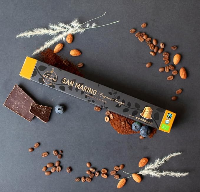 ‘San Marino’ Organic Italian Lungo for Nespresso | 100 Organic Aluminum Capsules | Eco-Friendly Medium Roast | 100% Nespresso Compatible Pods | Fairtrade