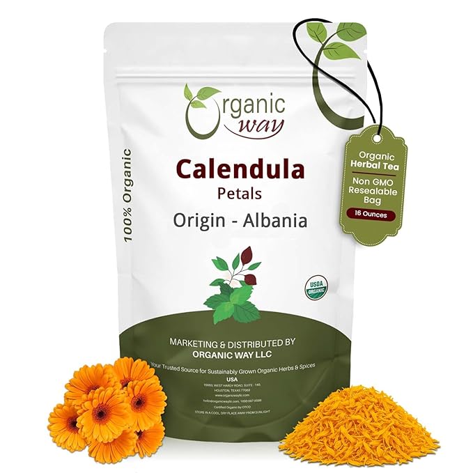 Organic Way Dried Calendula Petals | Herbal Tea (Calendula officinalis) - European Wild-Harvest | Organic &amp Kosher Certified | USDA Certified | Origin - Albania (1LBS / 16Oz)