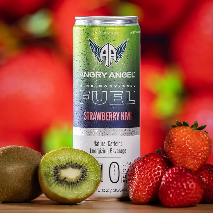 Angry Angel Strawberry Kiwi &amp Tropical Natural Energy Drink - (24 count) Mixed Pack - Zero Sugar - CoQ10 - Important B Vitamins - 12 oz Cans