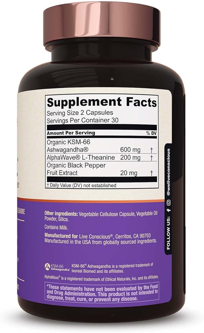 Live Conscious KSM-66 Ashwagandha Supplement w/L Theanine &amp AlphaWave - ZenWell Everyday Stress Relief Cognitive Brain Health - Ashwagandha for Men &amp Women - 60 Capsules