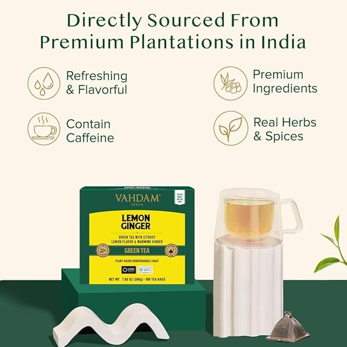 VAHDAM Lemon Ginger Tea Bags (100 Green Tea Bags) Low Caffeine | Fruity Flavor - Zesty Lemon &amp Ginger Orange Peel | Resealable Ziplock Pouch | Brew Hot or Iced Tea