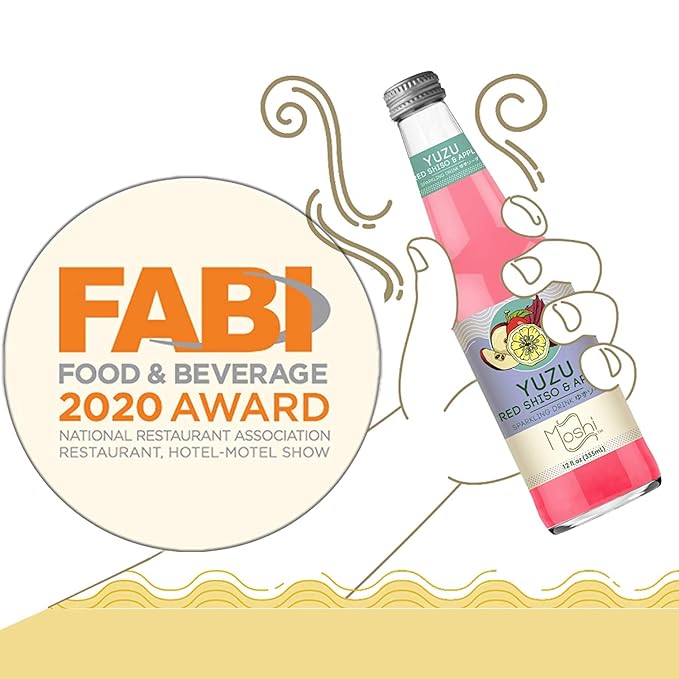 Moshi Yuzu Sparkling Drink Aromatic and Zesty Made with 100% Yuzu juice All-Natural Vegan Gluten-free No Artificial Preservatives/Coloring - 12 oz (6 Glass Bottles) - Red Shiso &amp Apple