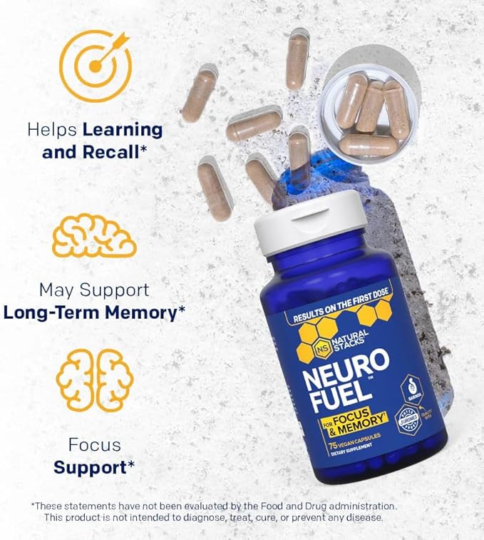 NATURAL STACKS Original NeuroFuel Nootropic Brain Support Supplement - 750mg L-Carnitine &amp 500mg L-Phenylalanine - Brain Supplement for Memory and Focus* - 75 Focus Pills