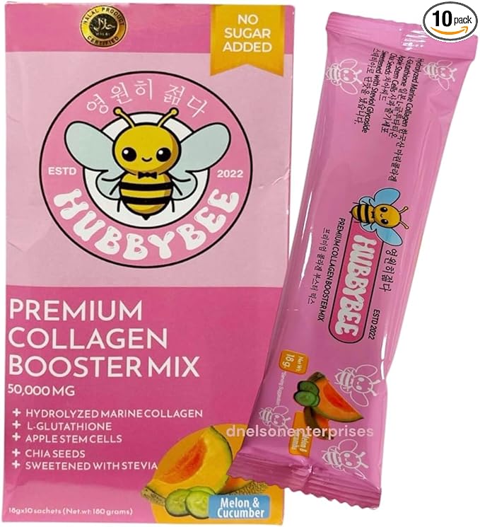 Hubby Bee Premium Collagen Booster Mix - 50000 MG Korean Hydrolyzed Marine Collagen with Japanese L-Glutathione &amp Apple Stem Cells - 10 Sachets (18g Each) (180g Melon Cucumber)
