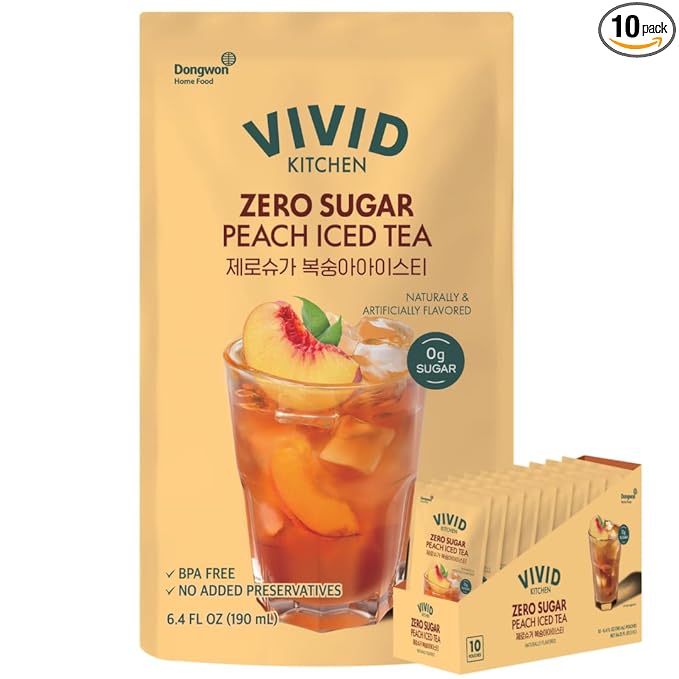 VIVID KITCHEN Peach Iced Tea Pouch Drinks – Zero Sugar Zero Calories | Korean Convenience Store Drink | No Artificial Preservatives or Corn Syrup | 6.4 fl oz (10 Pouches) (10 Pouch Peach Iced Tea)