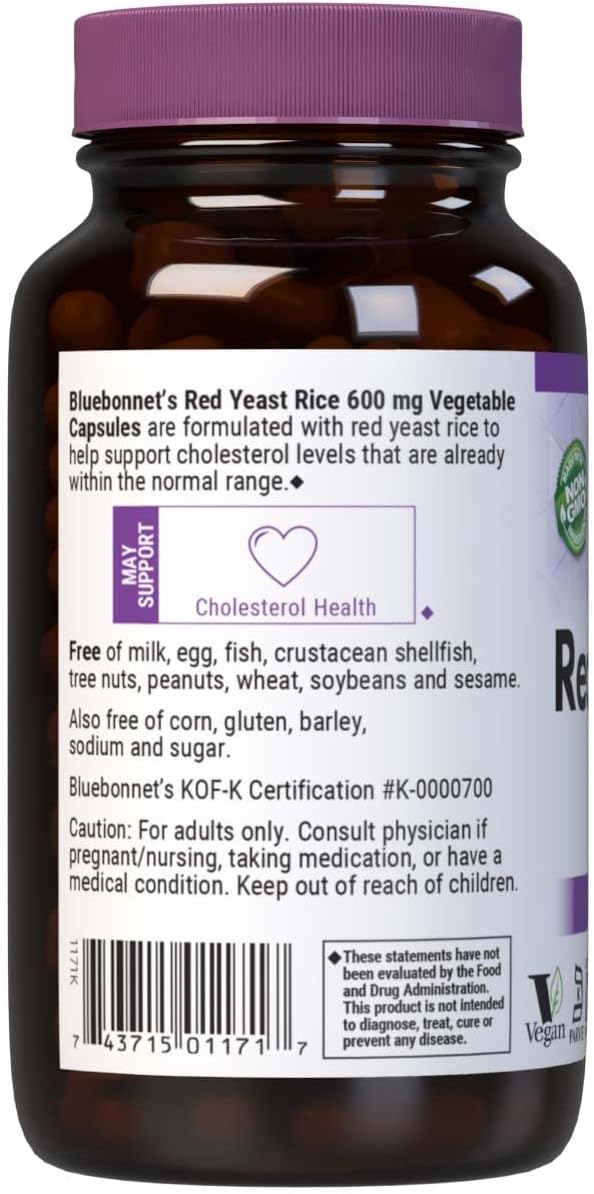 Bluebonnet Nutrition Red Yeast Rice 600 mg Heart Health* Non-GMO Vegan Kosher Certified Gluten-Free Soy-Free Dairy-Free 120 Vegetable Capsules 120 Servings