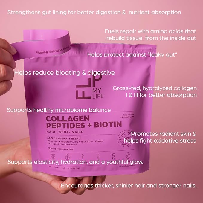 Flip My Life Collagen Peptides + Biotin Hyaluronic Acid &amp Vitamin C - For Hair Skin Nails - Gut Health/Joint Support - Ageless Beauty Blend Supplement Powder for Men/Women - 9g Protein—26 Servi