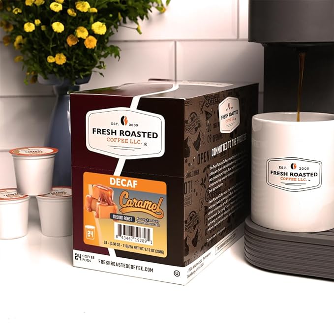 Fresh Roasted Coffee Decaf Caramel Flavored Coffee Pods K-Cup Compatible 96 Count