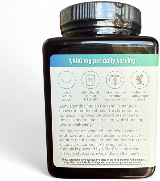 Organic Ashwagandha Daily Adaptogen Formula 1000mg 180 Vegetarian Capsules Stress Support Supplement with KSM-66 Enhanced with Ginger Extract