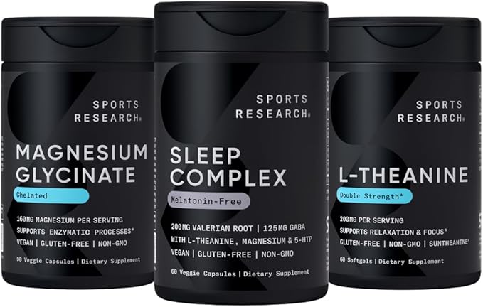 Sports Research De-Stress &amp Sleep Bundle - Melatonin-Free Sleep Complex Double Strength L-Theanine Supplement and 160 mg Chelated Magnesium Glycinate for Focus Relaxation &amp Sleep Support