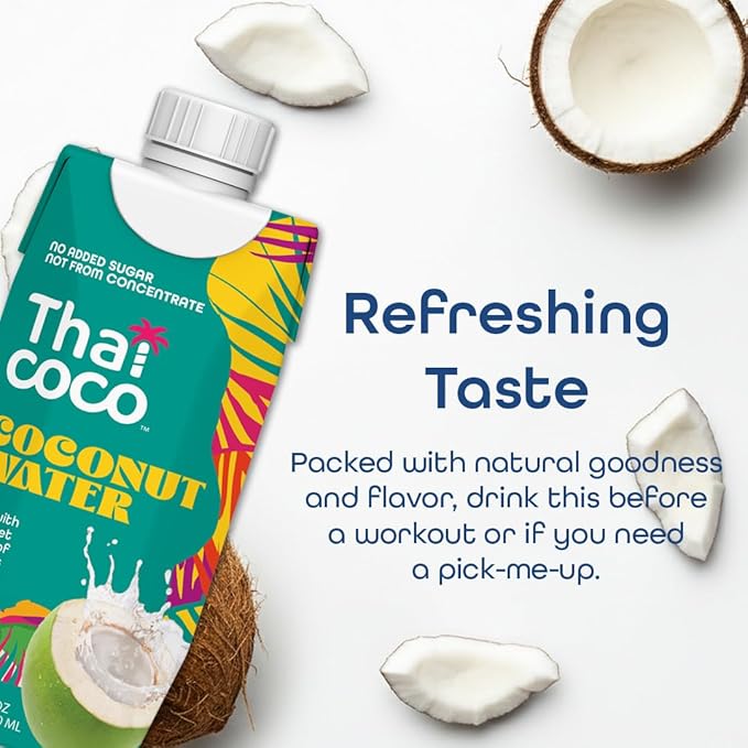 Thai Coco Organic Coconut Water 100% Pure &amp Unsweetened No Sugar Added USDA Organic Natural Electrolytes Hydration Drink 11.2 fl oz Tetra Carton (Pack of 12)