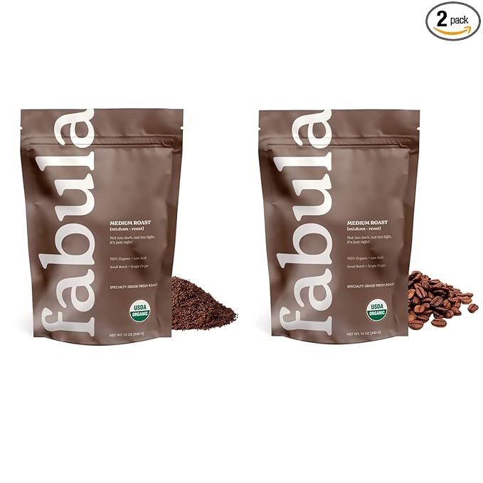 Fabula Medium Roast Organic Coffee 2 Pack Bundle - Grounded and Whole Beans