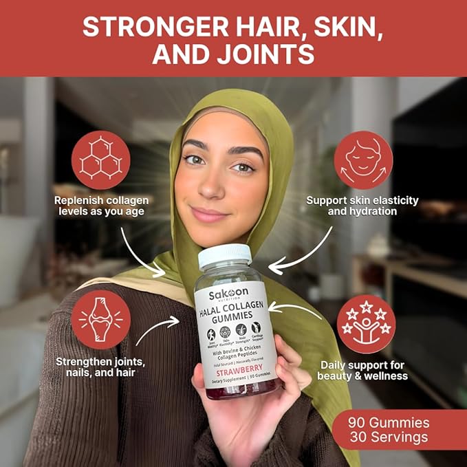 Sakoon nutrition Halal Certified Collagen Peptides Gummies | (Type I II &amp III) Collagen Gummies for Women &amp Men | 90 Naturally Flavoured Strawberry Gummy to Support Hair Skin Joints &amp N