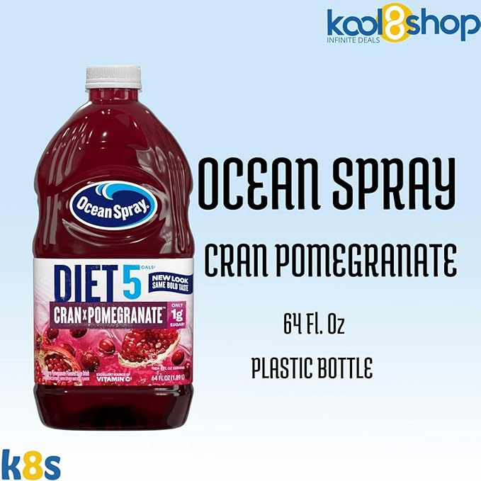 Ocean Spray Diet Cran Pomegranate Juice Drink 64 fl oz Plastic Bottle 4 Pack + 15 Sugarcane Disposable Straws by KOOL8SHOP Infinite Deals