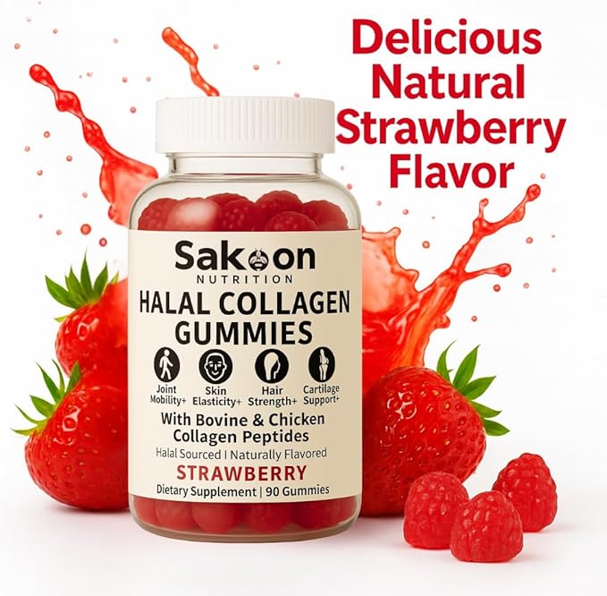 Sakoon nutrition Halal Certified Collagen Peptides Gummies | (Type I II &amp III) Collagen Gummies for Women &amp Men | 90 Naturally Flavoured Strawberry Gummy to Support Hair Skin Joints &amp N