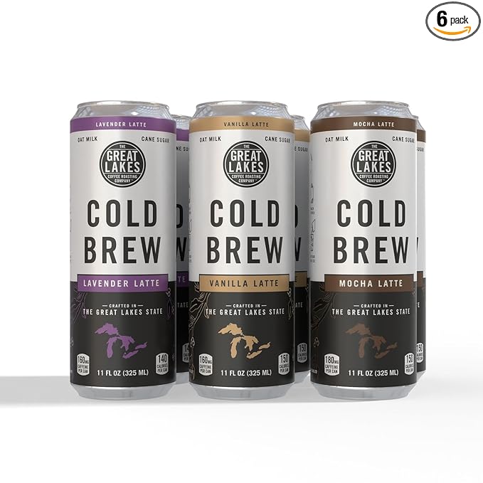 Great Lakes Variety Pack of Oat Milk Cold Brew Lattes Lavender Vanilla and Mocha Flavors 11 Ounce Cans Pack of 6