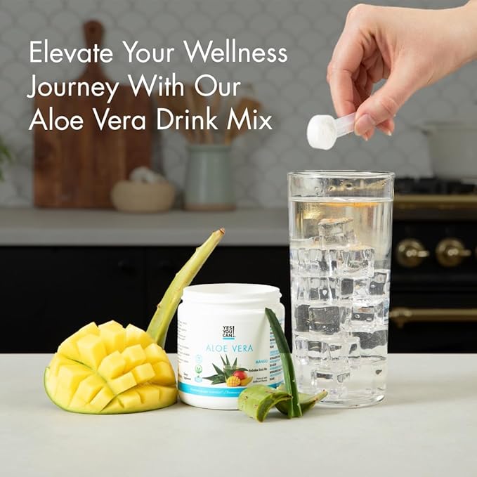 Yes You Can! Aloe Vera Powder Drink Mix - Hydration Booster Infused with Pure Organic Aloe Vera Extract - Delicious Flavors - Made in USA - Antioxidant Rich - Mango Flavor - 40 Servings