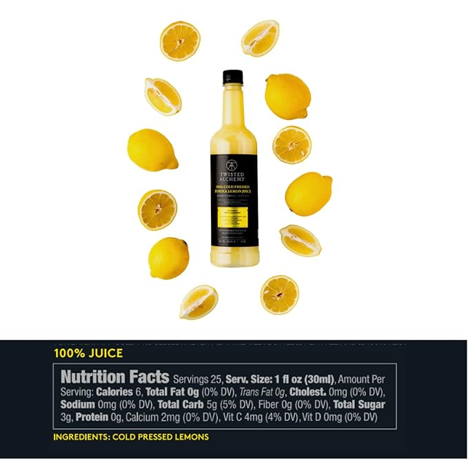 Twisted Alchemy Cold Pressed Fresh Juice For Craft Cocktails -Fresh All Natural Hand Squeezed Lemon Juice Cocktail Mixer - (25 Oz Bottle Pack Of 3) - Preservative Free Non-GMO 100% Pure -